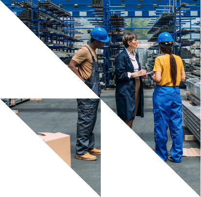 Photo Of Older White Woman Talking With Workers in Overalls And Hard Hats